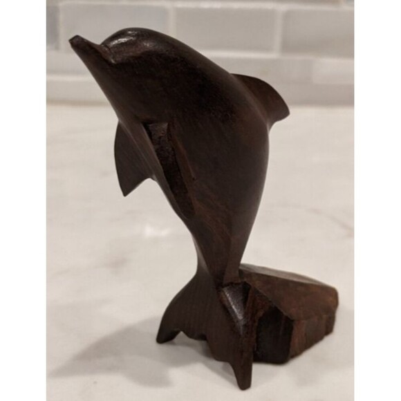 Vintage Ironwood Hand Carved Dark Brown 3" Dolphin Statue Figure - Picture 2 of 7